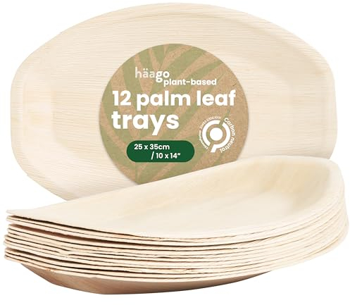 HAAGO 12 Plateaux en Feuilles de Palmier/Bols de Service en Forme de Bateau (25x35cm) Compostables et Jetables - Pique-nique et Extérieur Écologiques - Congélation et Four à Micro-ondes