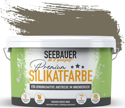 SEEBAUER diy Silikatfarbe Dunkelbraun 5L für Innen (No. 660 Khaki Fruit) Atmungsaktive Mineralfarbe für Allergiker - Abwaschbare Wandfarbe - Brauntöne hohe Deckkraft