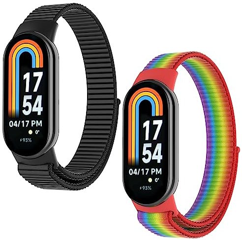 WD&CD 2 Stück Nylon Armband kompatibel mit Xiaomi Mi Band 8 (Schwarz+ Regenbogenfarben), Weiches Sport Uhrenarmband Ersatzarmban für Herren Damen