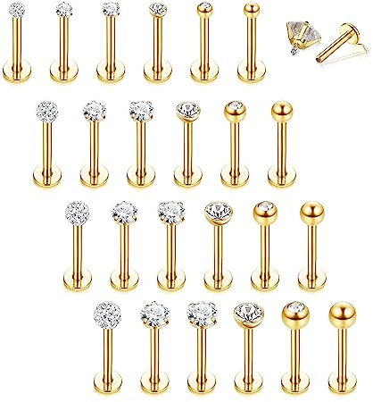 LOLIAS 24 Stück 16G Ohr Piercing Lippenpiercing Labret Stecker Set Helix Piercings Chirurgenstahl Labret Piercing Nasenpiercing Tragus Knorpel Piercing Stern Herz CZ Helix Piercing Ohrringe