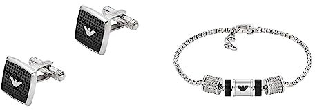 Emporio Armani Manschettenknöpfe für Männer Edelstahl, Länge: 15mm, Breite: 15mm, Höhe: 2.7mm, EGS2997040+Emporio Armani Armband für Männer, Onyx Rondelle Armband, Länge: 190mm+20mm,
