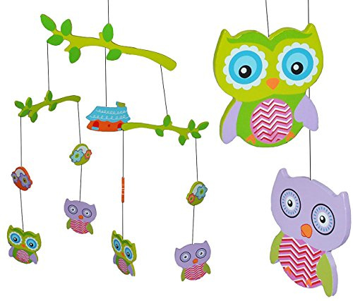alles-meine.de GmbH Holzmobile mit Eulen - Unruhe aus Holz - Spielzeug Windspiel Eule und Blumen - Tiere Mobile Baby/Windspiel und Traumfänger