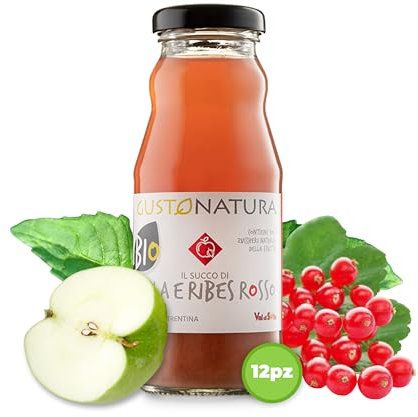 Gustonatura - 12pz Succo di Mela e Ribes Rosso - del Trentino Alto-Adige - Senza Zucchero - Succhi di Frutta 100% BIO - Frutti Raccolti a Mano - 200ml