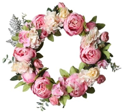 HIQIU 40CM Türkranz Pfingstrosen künstlich Kranz für die Haustür türkranz ganzjährig Blumenkranz deko für Hochzeitsfeier Thanksgiving Garten Heim Wand hängen Dekorative kränze (Kirschblütenpink)