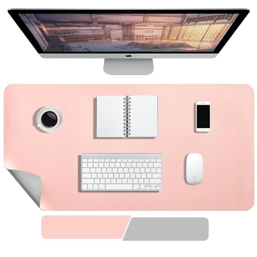 Schreibtischunterlage - 90 x 40 cm Doppelseitig PU-Leder-Schreibtischmatte, Mauspad Groß, Tischunterlage Schreibtisch, Desk Mat, Wasserdichte Antifouling, für Büro und Zuhause (Rosa+Hellgrau)