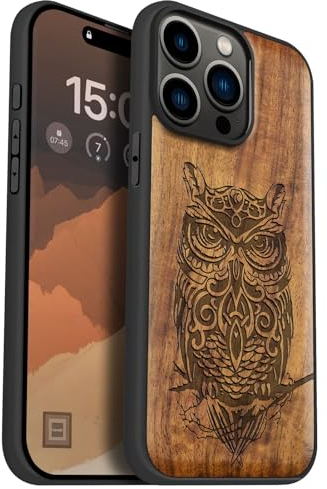 Carveit Holz Cover für iPhone 15 Pro Max hülle, Kompatibel mit Magsafe Silikon Stoßfeste Cover, Magnetisch Hull für Apple 15 pro max Case（Nussbaum-Eule sitzt auf AST）