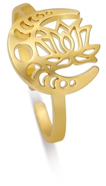 Dreamtimes Mondsichel Ringe für Frauen Mädchen Einstellbare Edelstahl Offene Finger Lotus Blume Yoga Ringe Trendy Bohème-Schmuck (Gold)