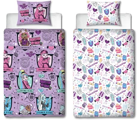 Character World Monster High offiziell Lizenziertes Bettwäsche-Set für Einzelbett, wendbar, 2-seitig, Puppen-Bettwäsche, inkl. passendem Kissenbezug, perfekt für Kinderzimmer