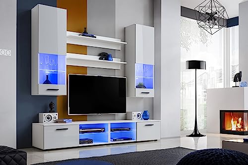 Komodee, Wohnwand Wohnzimmerset RTV Varallo, Weiß Hochglanz/Weiß Matt, Breite 200cm x Höhe 195cm x Tiefe 45cm, Ohne LEDs, für Wohnzimmer, Schlafzimmer