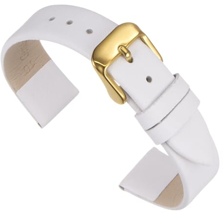 QUARKZMAN Weißes Echtlederarmband, 12 mm breit, flaches, dünnes, elegantes Lederarmband mit goldfarbener Schnalle für Damen und Herren
