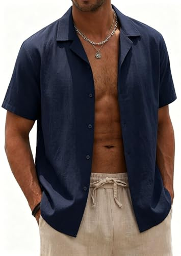 Halfword Mens Linen Shirts Short-Sleeve Summer Casual Beach Shirts Button Down Loose fit Hawaiian Holiday Wedding Cheesecloth Tops