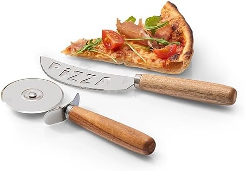 Avilia Set 2 Pezzi Tagliare Pizza - Coltello e Rotella Pizza in Legno e Acciaio Inox, Design Elegante e Funzionale per Taglio Preciso