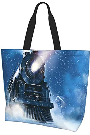 FLYIFE Moonlit Canoe Allagash River bedruckte Schulter-Einkaufstasche für Frauen – Große Kapazität Tragetaschen für Lebensmitteleinkauf und Aufbewahrung, Winter Weihnachten Schnee Nacht Eisenbahn Zug,