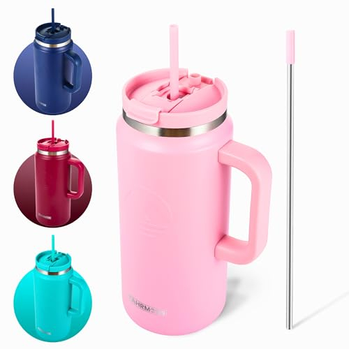 FAHRMOSIS 64 Oz Tumbler with Handle and Straw Half Gallon Water Bottle Stainless Steel Travel Mug for Hot & Cold Drinks, Reusable Water Bottle with Lids and Straw - Pink