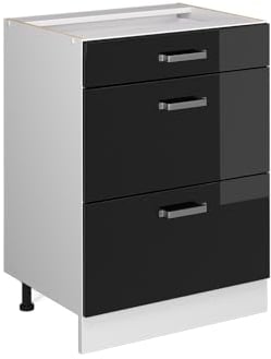 Vicco Mueble bajo de Cocina R-Line, Negro Brillo Intenso/Blanco, 60 cm con cajones, sin encimera