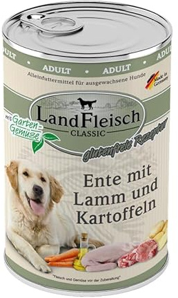 Landfleisch Classic Hundefutter 6 x 400g | Ente, Lamm und Kartoffeln | Mit hochwertigem Fleisch, Rapsöl (Omega-3 & 6), ohne Gluten, Zucker, GVO & Soja | Nassfutter für Hunde