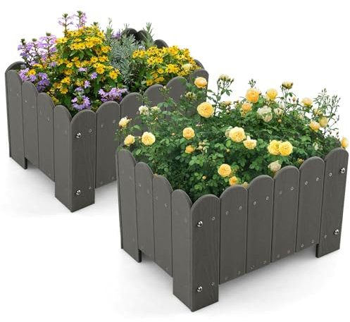 COSTWAY Raised Garden Bed Set of 2, HDPE Rectangular Elevated Planter Box with Drainage Gaps, Outdoor Flower Pots Vegetable Fruit Growing Box Container (Grey, 45 x 32 x 30cm with legs)