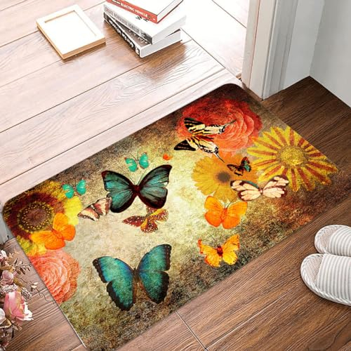 Schmutzfangmatte 40x60cm Retro Gelber Schmetterling Fussmatte Innen rutschfeste Fussmatte Aussen Fußmatte Waschbar Fußmatten Haustür Türmatte für Flur Küche Haustiere Fußmatte Außen