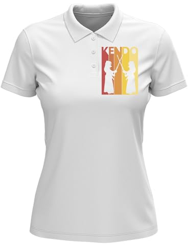 Retro Poster Styled Kendo Martial Arts Graphic Damen Baumwolle Polo T-Shirt Weiß, weiß, Large