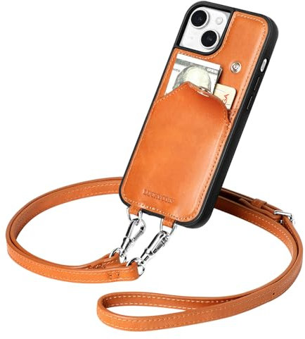 LUCKYCOIN Leather Wallet Phone Case for iPhone 15 with Wrist Strap/Card Holder,Genuine Leather Travel Crossbody Case for Women,Purse Cover for Girl,Pouch Case with Adjustable Neck Cord-Brown