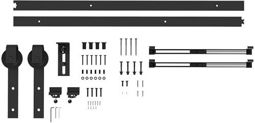 HOMCOM Schiebetüren-Beschlagsatz 183 cm Komplett-Set mit Pufferfunktion, Schienen, Rollen, Anti-Sprung-Vorrichtungen, Türstopper, Bodenführung, Schiebetürsystem aus Kohlenstoffstahl Schwarz