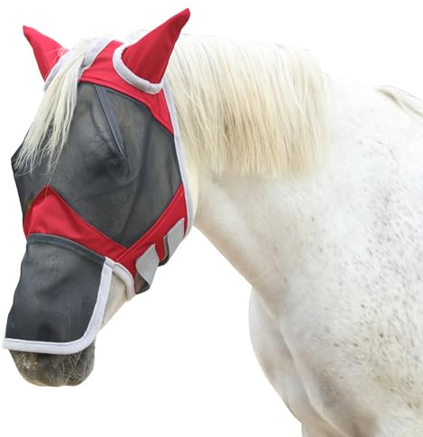 Gallopoff Fliegenmaske Pferd mit Nasen- & Ohrenschutz, UV-Schutz, Atmungsaktives Mesh, Reißfest, Weich Gepolstert, Verstellbar mit Klettverschluss Rot Cob