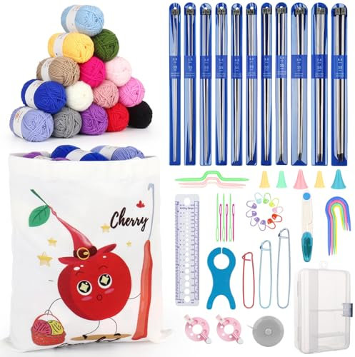 Aeeque 61 Stück Strickset für Anfänger, 35cm Edelstahl Stricknadeln Set mit Wolle, Strickzubehör und Großen Segeltuchtasche, 2,0-8,0mm Strick Set zum Socken, Pullover