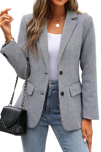 ELLEVEN Women's Lapel Collar Plaid 2 Button Boyfriend Blazer Suit Houndstooth Work Office Blazer Jacket