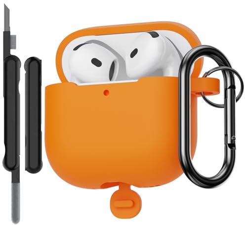 AOTUAO Hülle Kompatibel mit AirPods 4. Generation Hülle Case mit Reinigungsset, Weiches Silikon Stoßfeste Schutzhülle für AirPods 4 2024 Case Cover mit Karabiner, Orange