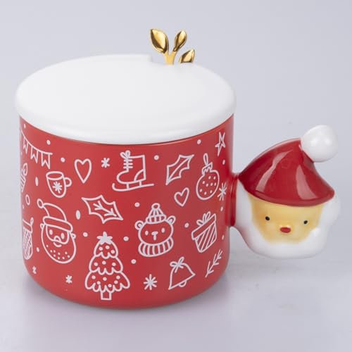 Tasse mit Deckel 350 ml Porzellan Griff Design Weihnachtsmann Löffel Edelstahl Xmas