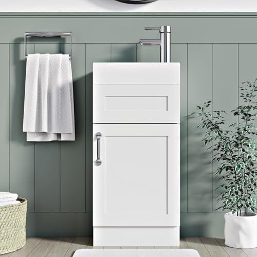 BELOFAY 400mm Floor Standing Bathroom Vanity Unit With Basin - Slim Waterproof Laquered Cloakroom Vanity Unit with 1 Tap Hole Ceramic Basin & Waste | Reversible Tap Fitting (Crawley White)