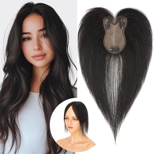 S-noilite Toupets für Frauen mit Seitenpony 8x11cm - 100% Echthaar Topper Hair Extensions Echthaar Damen Haarverdichtung #1B Natürliches Schwarz 21 Gramm