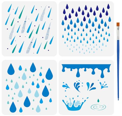 FINGERINSPIRE 4 Stück Malschablone Für Regnerischen Hintergrund 15x15cm Regentropfen Vorlage Mit Pinsel Kunststoff PET Frühlings/Sommerregen Schablone Regenspritzer Vorlage Frühlingsthema Schablone