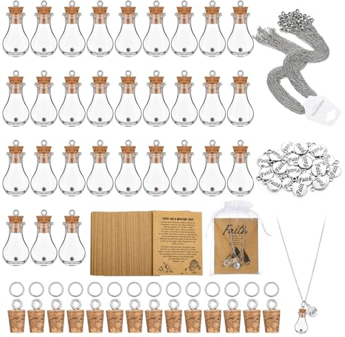 Teenyyou 30 Sets 30 Sets Mustard Seed Necklace Christian Charms Includes 0.5ml Tiny Glass Bottles with Cork and Cards Mustard Seed Gift Christian Gifts for Woman Church Baptism Mother's Day, Glass