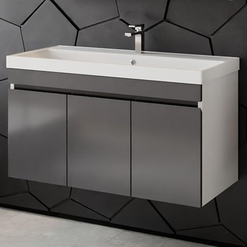 Karen Waschtisch mit Unterschrank Venus Anthrazit | Keramikwaschbecken | Unterschrank | Badmöbel | Aufsatzwaschbecken | Konsolenwaschtisch | Moderner Stil | Badezimmer (Venus 100)