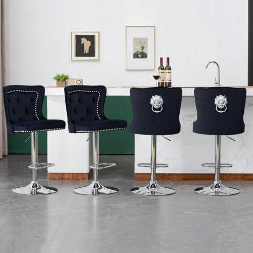 KHISCHMO Barhocker 4er Set Samt Moderne Küchenhocker höhenverstellbare Tresenhocker mit Löwenring-Zuggriff Gepolsterte Barstühle 360° drehbar für Küche Theke, Schwaz