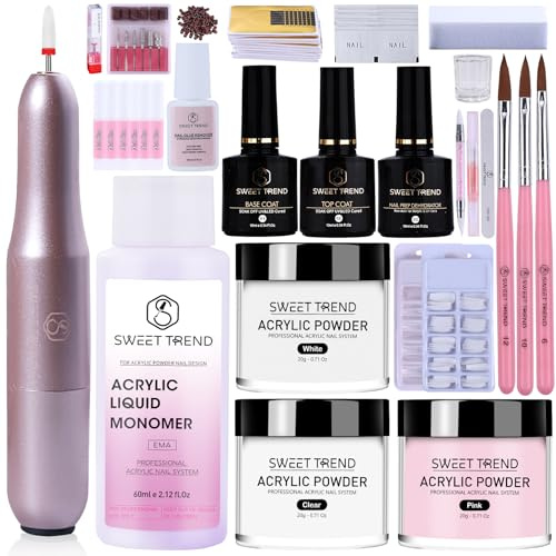 SWEET TREND Acrylic Nail Kit with Lathe 20g Clear Acrylic Powder White and Pink and Liquid Set for Beginners Including Professional Brushes, Tips and Other Nail Accessories H