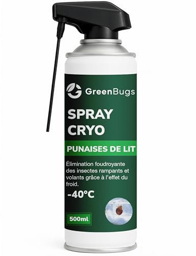 SPRAY CRYO ANTI PUNAISES DE LIT -40°C - 500ml - Élimine instantanément les Punaises de lit et les Oeufs - Applicateur de précision - Solution Naturelle Efficace sans Insecticide - GREENBUGS