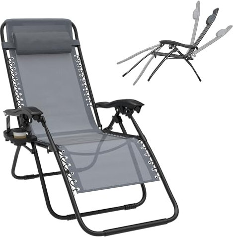 Froadp Liegestuhl Garten Klappbar mit Kopfpolster & Becherhalter, Sonnenliege Faltbar & Tragbar, Relaxlieg für Garten Terrasse Balkon Camping, Gartenliege bis 120 kg Belastbar, Grau