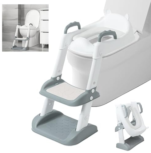 2 in 1 Kinder Toilettensitz mit Treppe & Sicherheitsgriff, Faltbarer Kleinkinder Toilettentrainer, Höhenverstellbar Toilettenaufsatz, Kindertoilette Rutschfester Sitz für 1-7 Jahre Jungen Mädchen
