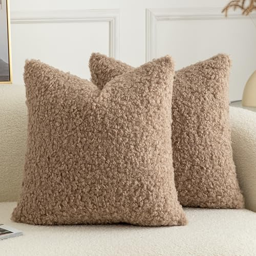 Joyouth 2er Set Curly Teddy Wolle Faux Pelz werfen Kissenbezug Abdeckungen Fuzzy Akzent weiche Sherpa Kissenbezüge Schaffel Fleece Dekorative Kissen Fall für Sofa Couch Wohnzimmer 50x50 cm Khaki