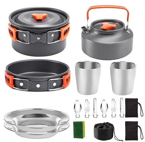 Fesatccoz 17pcs Camping Cookware Mess Kit, Protable Aluminum Alloy Cooking Equipment Lightweight Camping Pots and Pans Set with Stainless Steel Cups Plates Forks Knives Spoons for 2-3 People
