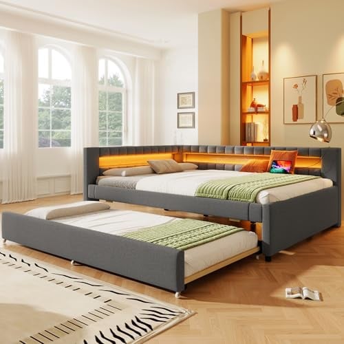 Kebnor Daybett, Tagesbett, Schlafsofa,Bett mit LED-Fernbedienungslichtleiste am Bettende, Bett mit Ausziehbett ohne Matratze, USB + Type-C, Leinen(Grau, 140 * 200cm)
