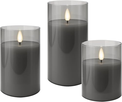 LED Kerzen 3er-Set, Echtwachs, Timer, 3D-Docht, warmweiß, Grau-Transparent