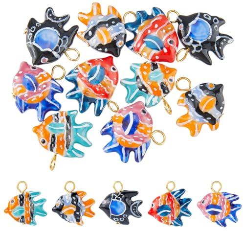 Hobbspring 10 Stück Keramik Fisch Anhänger Gemischt Farben Porzellan Anhänger Ozean Meeresleben Perlen Handgefertigte Meerestier Charm für Schmuckherstellung Bastelzubehör