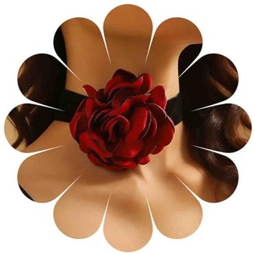 Katshdan Ras-de-Cou Velours Noir Femme avec Grande Fleur, Choker Floral | Choker à bande velours noir orné d’une fleur en tissu. Adapté aux soirées, shooting, costumes et style gothique ou romantique