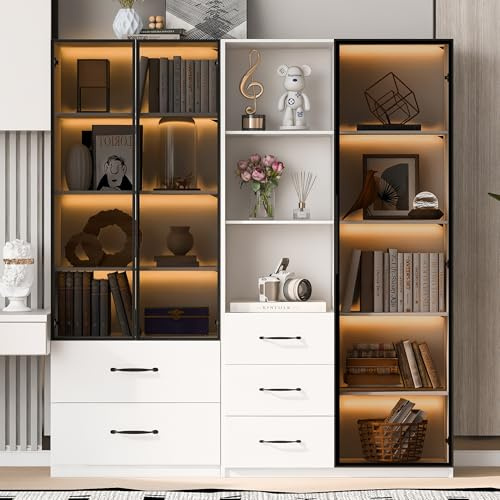 Ligterra Vitrine, Glasvitrine, Vorratsschrank, Hochschrank, Bücherregal, Sideboard, Offenen Fächern, Sanft Schließenden Scharnieren, Mehrfarbiger LED-Beleuchtung, 140×40×160cm (Weiß)
