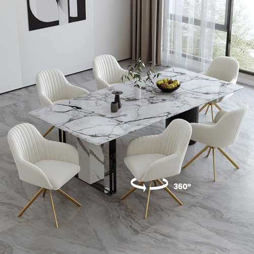 Hawthyhome Esszimmerstühle 6er Set Samt Drehstuhl Creme/Gold | Drehbar Esszimmerstuhl mit Armlehne,Küchenstuhl mit Metallgestell und Rückenlehne für Esszimmer,Wohnzimmer,Büro
