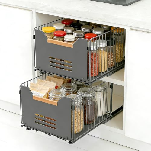 Romon Tiroir Coulissant Cuisine, Lot de 2 Organisateurs Téléscopiques avec Poignées En Bois, Noir, 37,5x24,5x19 cm, Adatto per Cucina, Bagno e Salotto
