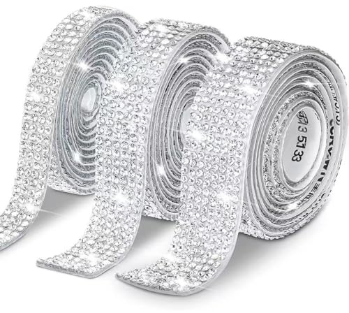 TBCDS 3 Rotoli Nastro di Strass di Cristallo Autoadesivo, Brillantini Adesivi, Glitter per Decorazioni Artigianato Arte, per Matrimonio, Compleanno, Decorazioni (Argento)